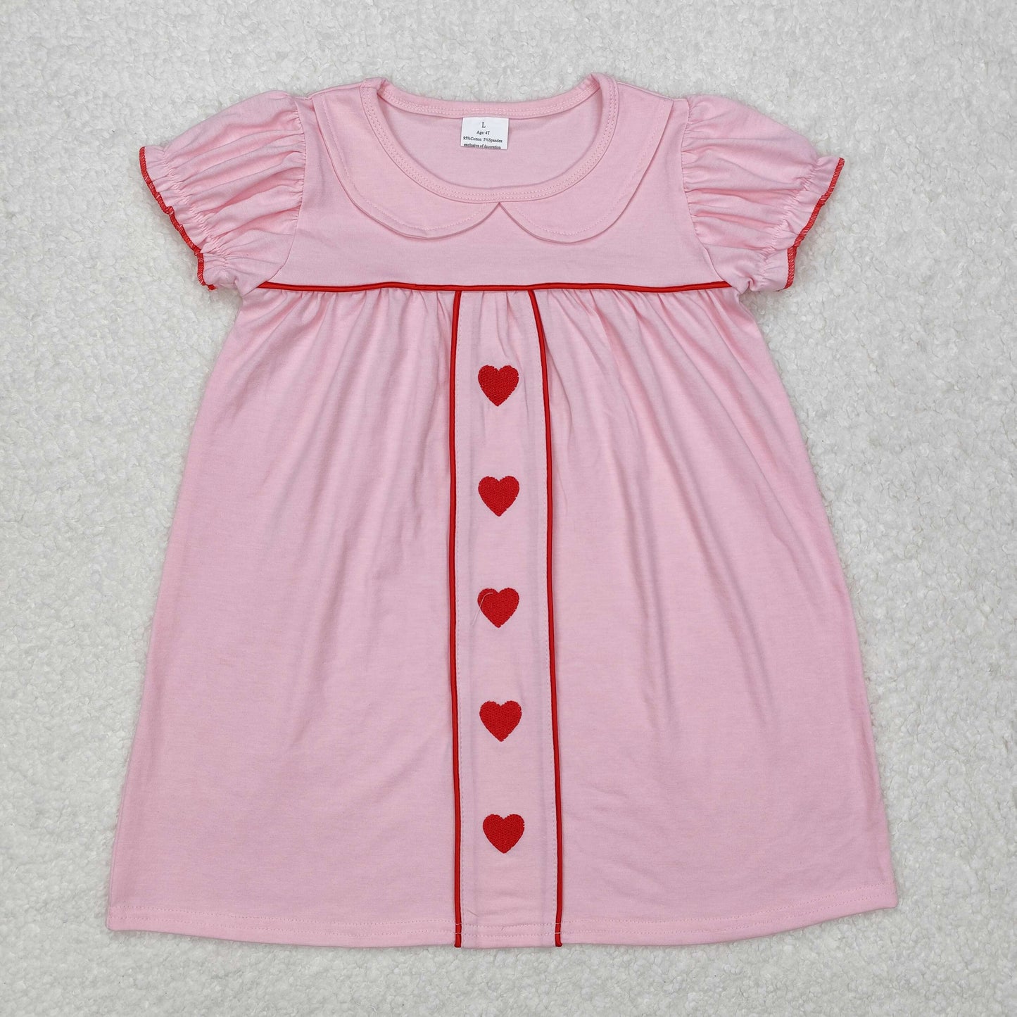 Baby Girl Short Sleeves Embroidery Valentines Hearts Knee Length Pink Dress