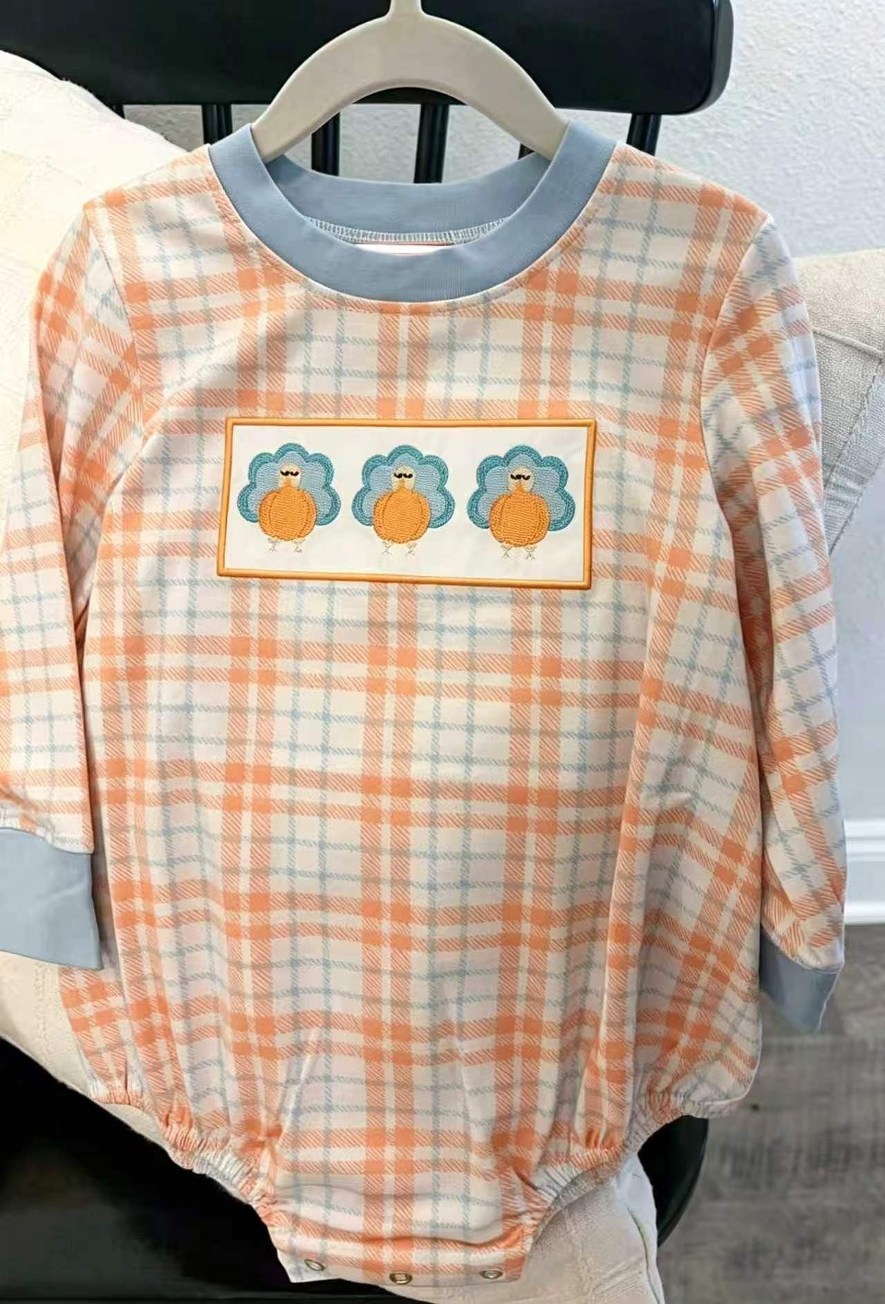 ( Moq 5 ) Preorder Baby Boy Kids Long Sleeves turkey Pumpkins Plaid Romper Fall Clothes