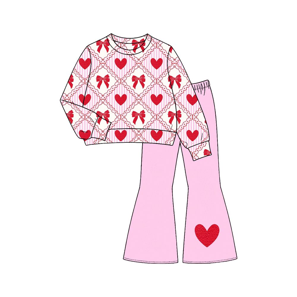 ( Moq 5 ) Preorder Baby Girls Kids Long Sleeves Bows Hearts Tops Bell Pants Valentine Set Clothes