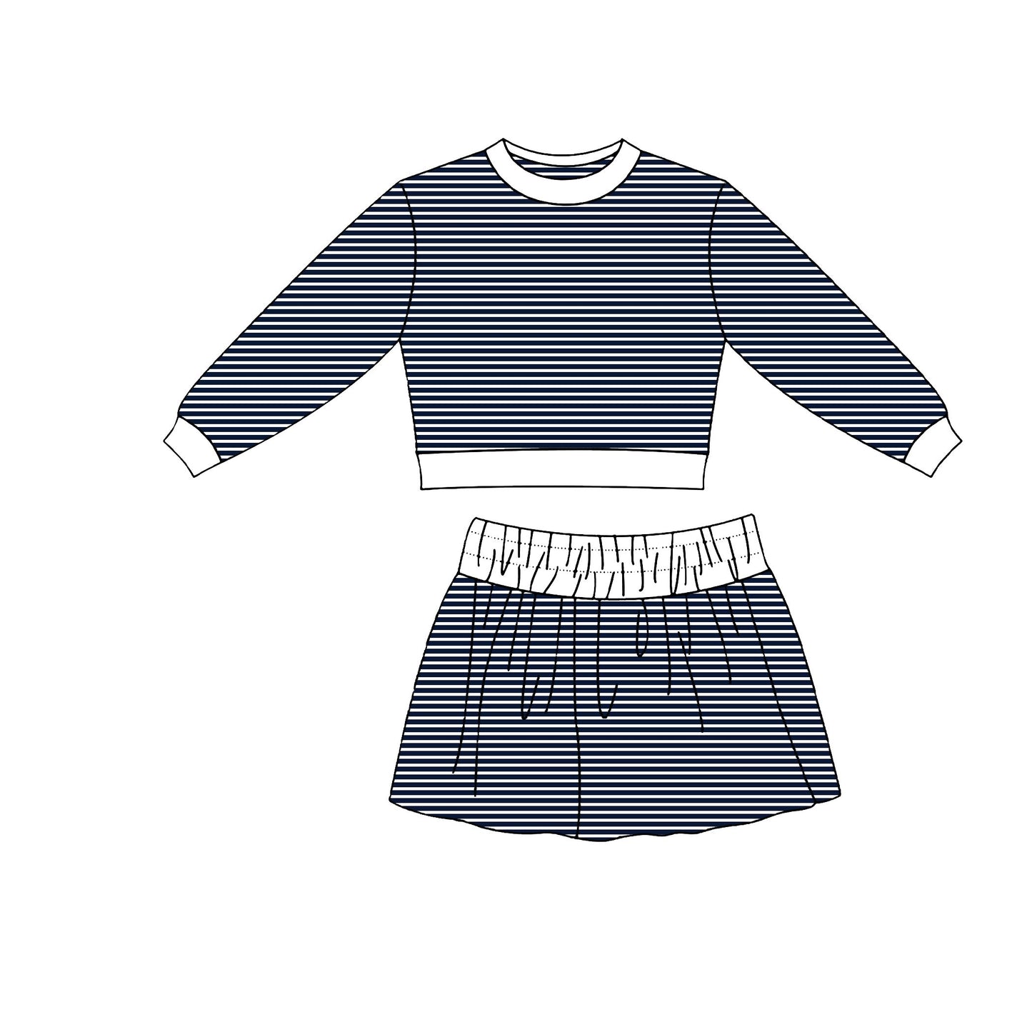 ( Moq 5 ) Preorder Baby Girls Kids Long Sleeves Shirt Skirt Shorts Navy Stripes Set Yoga Clothes