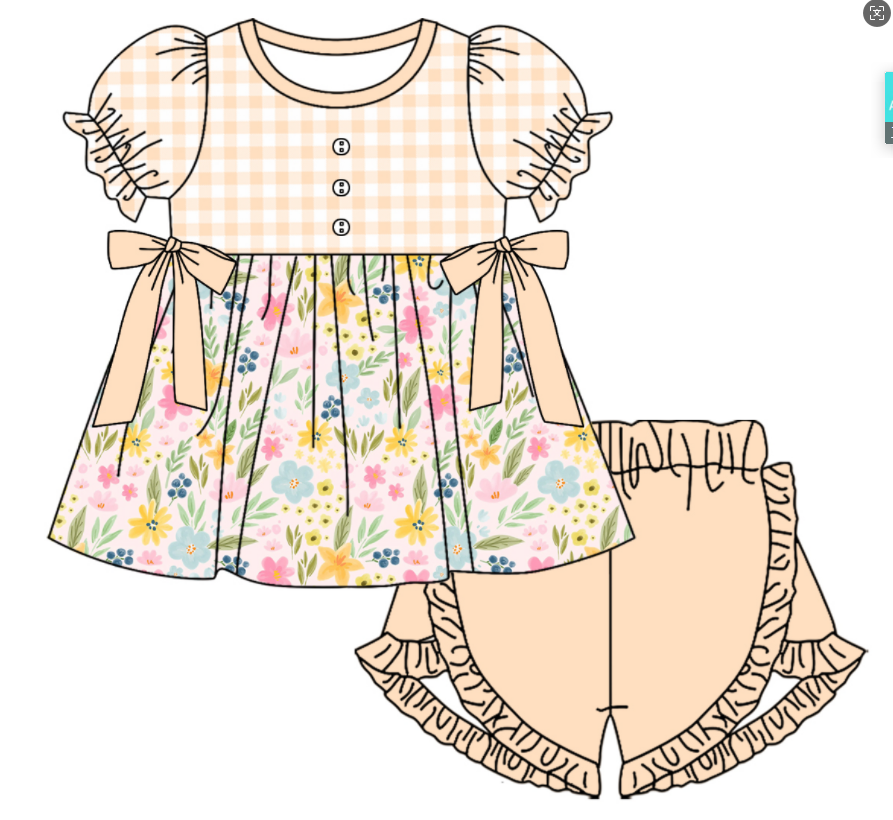Baby Girl Short Sleeves Flower Plaid Sibling Romper Dress Clothes Set ( Moq 5 Each Design )11.21