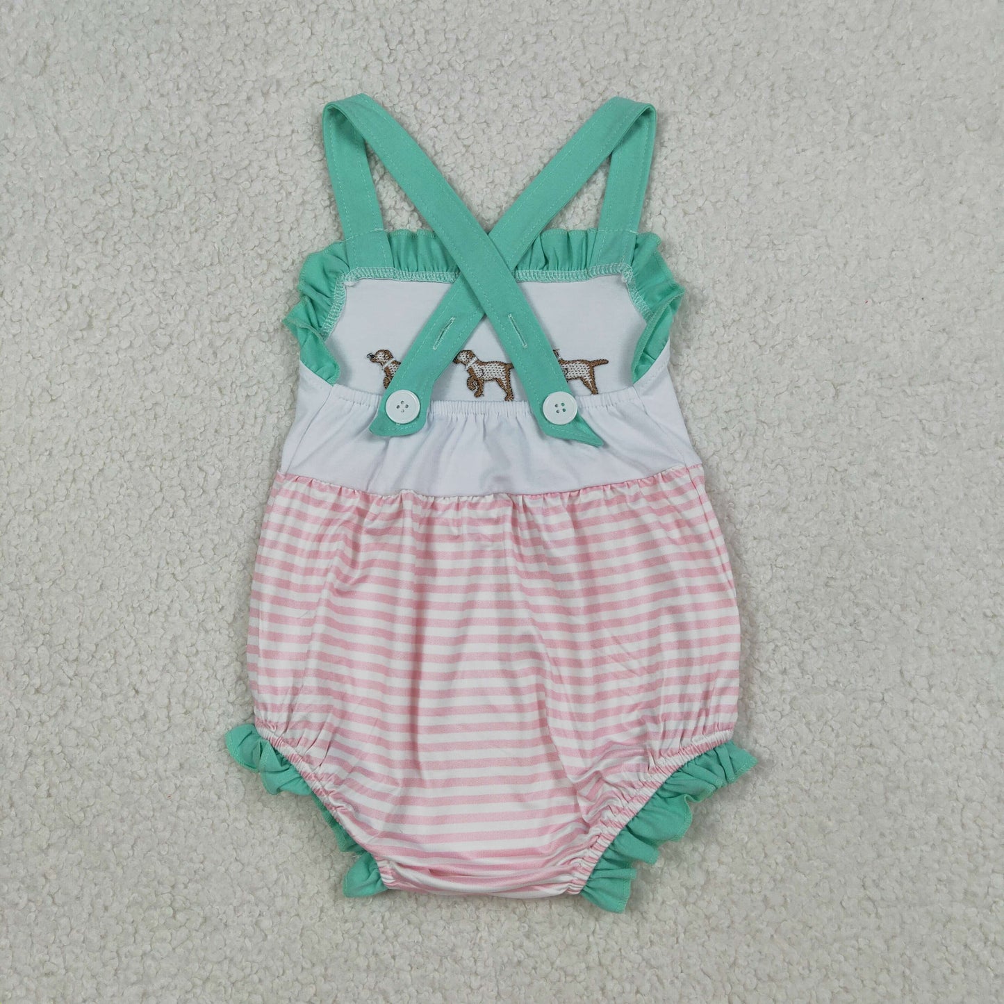 Baby Girls Infant Straps Embroidery Dogs Stripes Ruffle Bubble Romper RTS