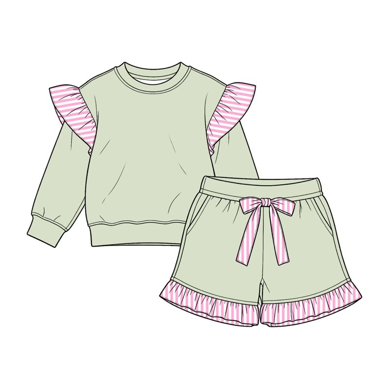 ( Moq 5 ) Preorder Baby Girls Kids Green Long Sleeves Tops Pockets Shorts Cotton Set Clothes
