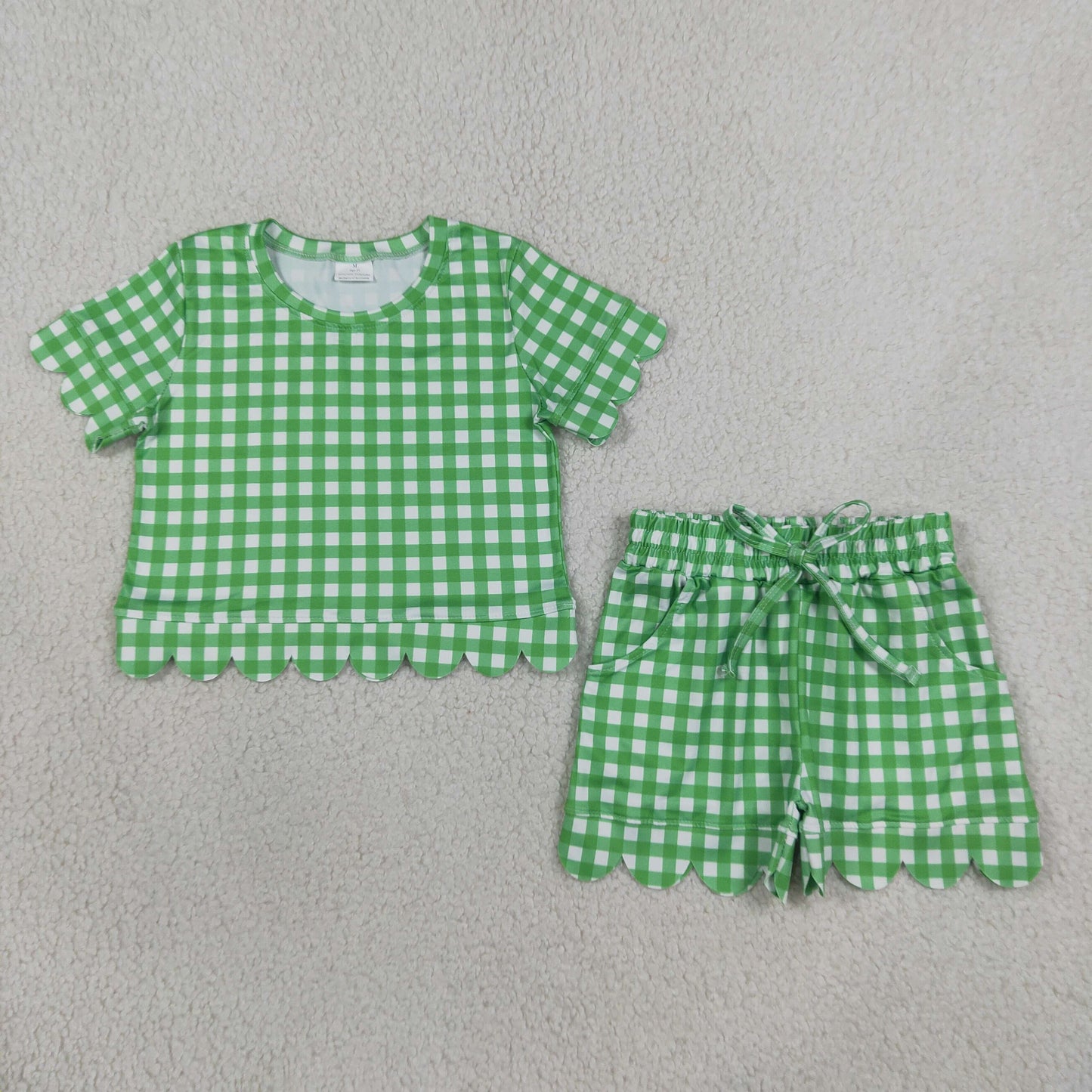 Baby Girls Kids Short Sleeves Green Plaid Shirt Scallop Shorts Set Clothes RTS