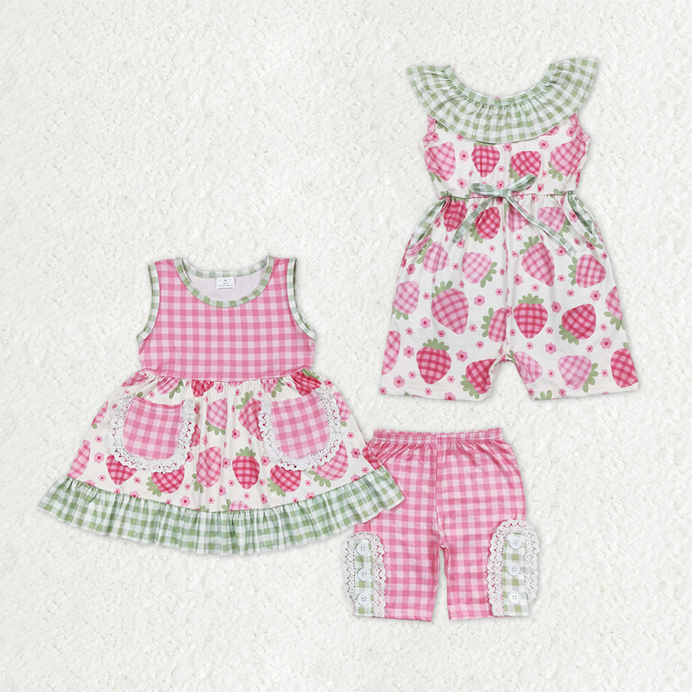 Sibling Baby Girls Kids Sleeveless Strawberry Flower Plaid Shorts Set Jumpsuit RTS