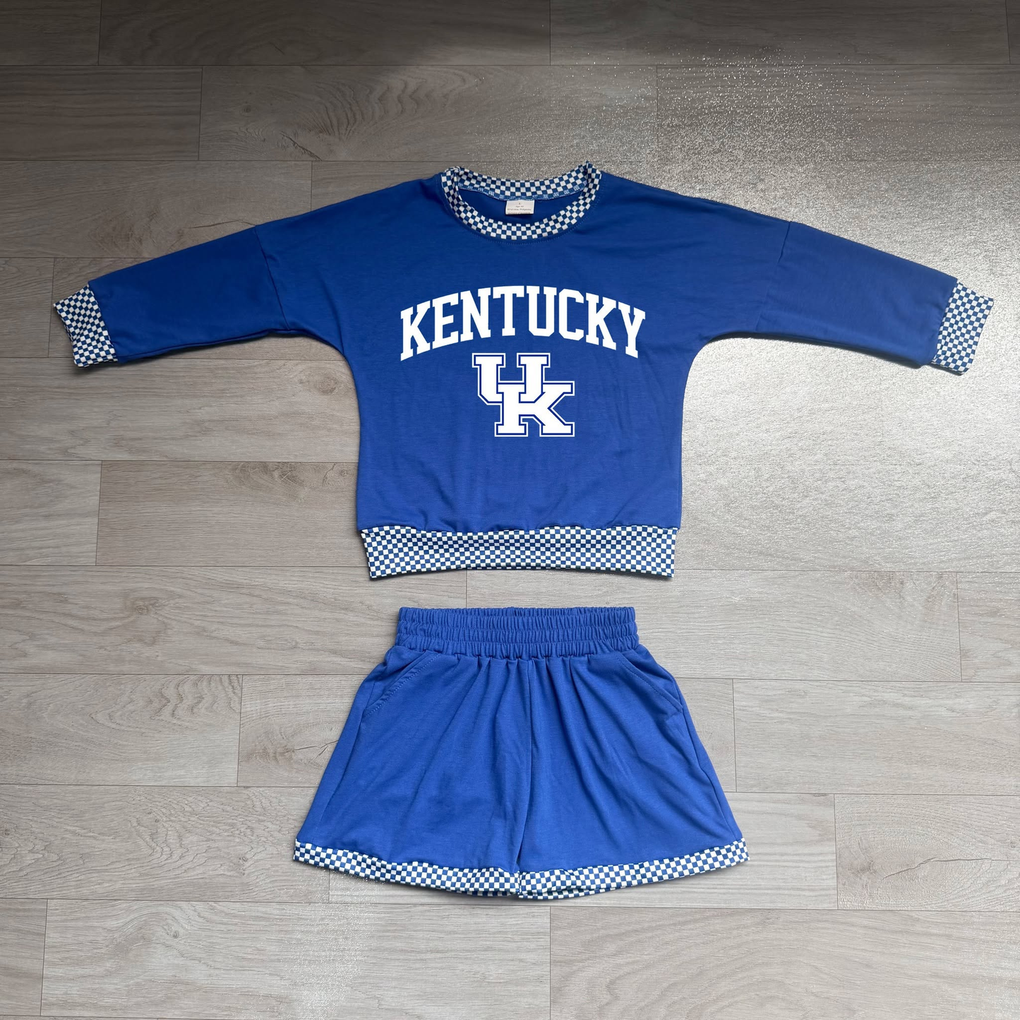 ( No moq ) Preorder Baby Girls Kids Long Sleeves Blue Shirt Shorts Cotton Set Team Clothes