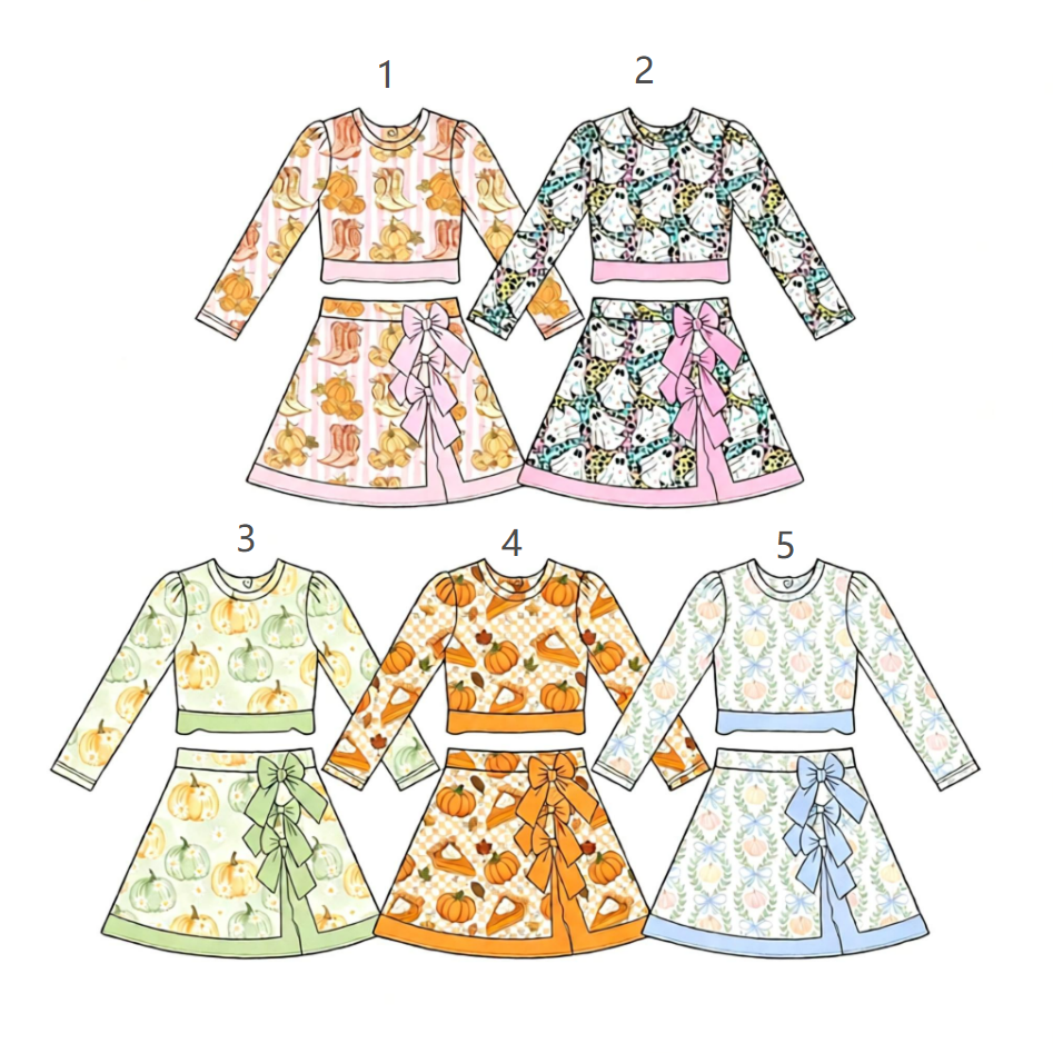 ( Moq 5 Each Style ) Sibling Baby Girls Kids Long Sleeves Pumpkins Shirts Bows Skirts Shorts Sibling Fall Sets Clothes