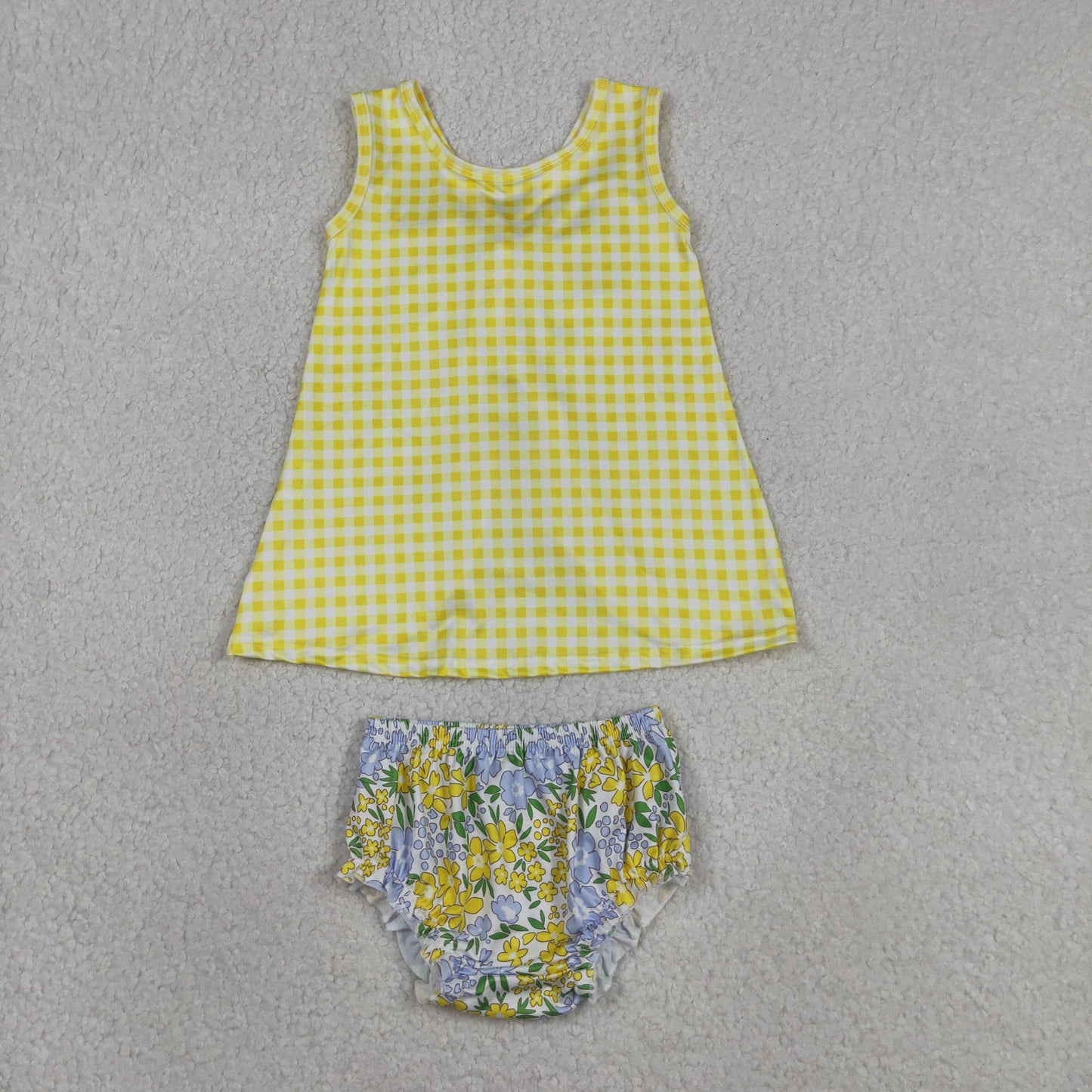 Baby Girls Toddler Sleeveless Plaid Tops Yellow Blue Flower Bummie Shorts Set RTS