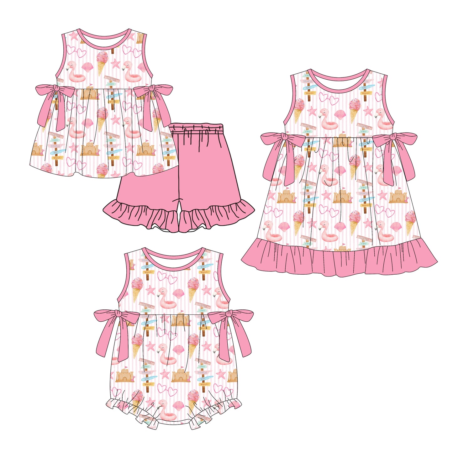 ( Moq 5 Each Style ) Sibling Baby Girls Kids Pink Bows Summer Romper Dress Set