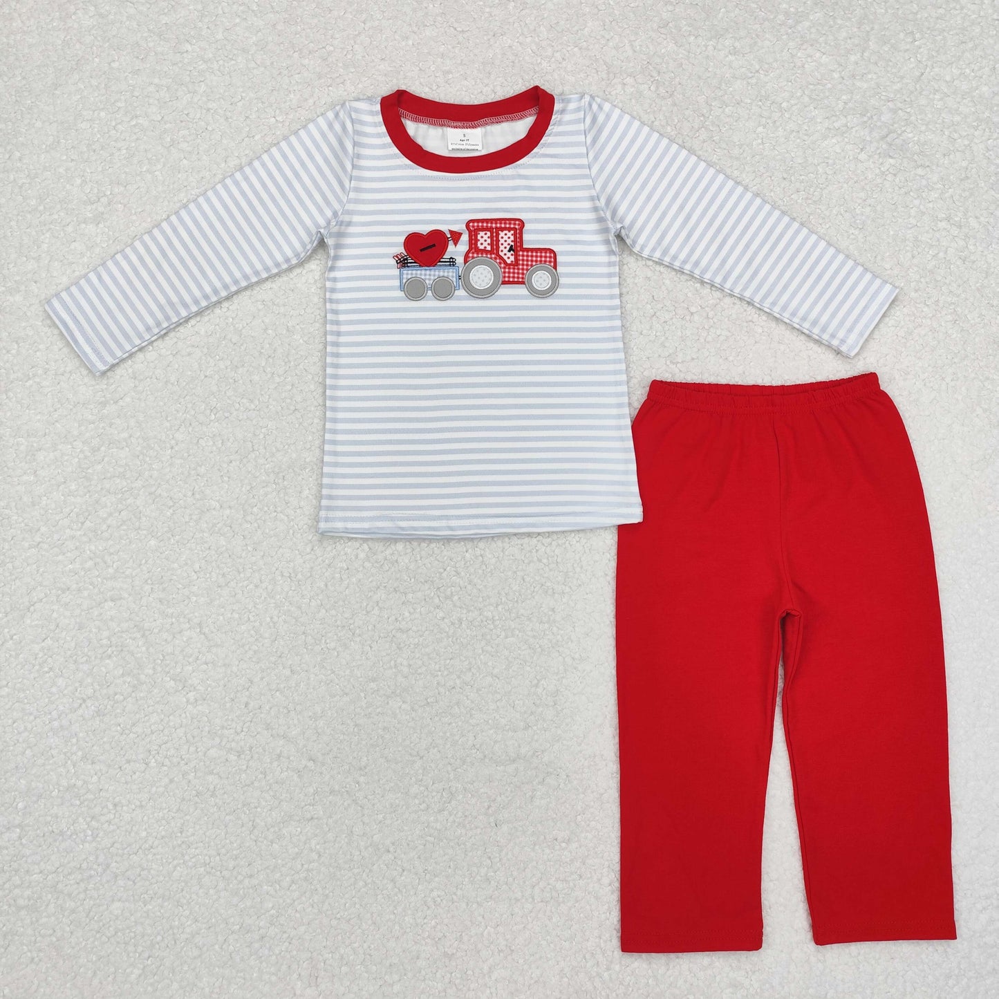 Baby Boy Long Sleeves Valentines Stripes Embroidery Heart Truck Shirt Red Pants Clothes Set