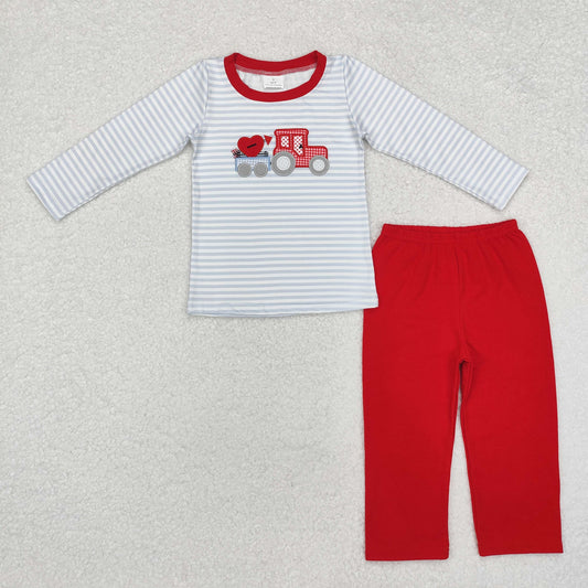 Baby Boy Long Sleeves Valentines Stripes Embroidery Heart Truck Shirt Red Pants Clothes Set