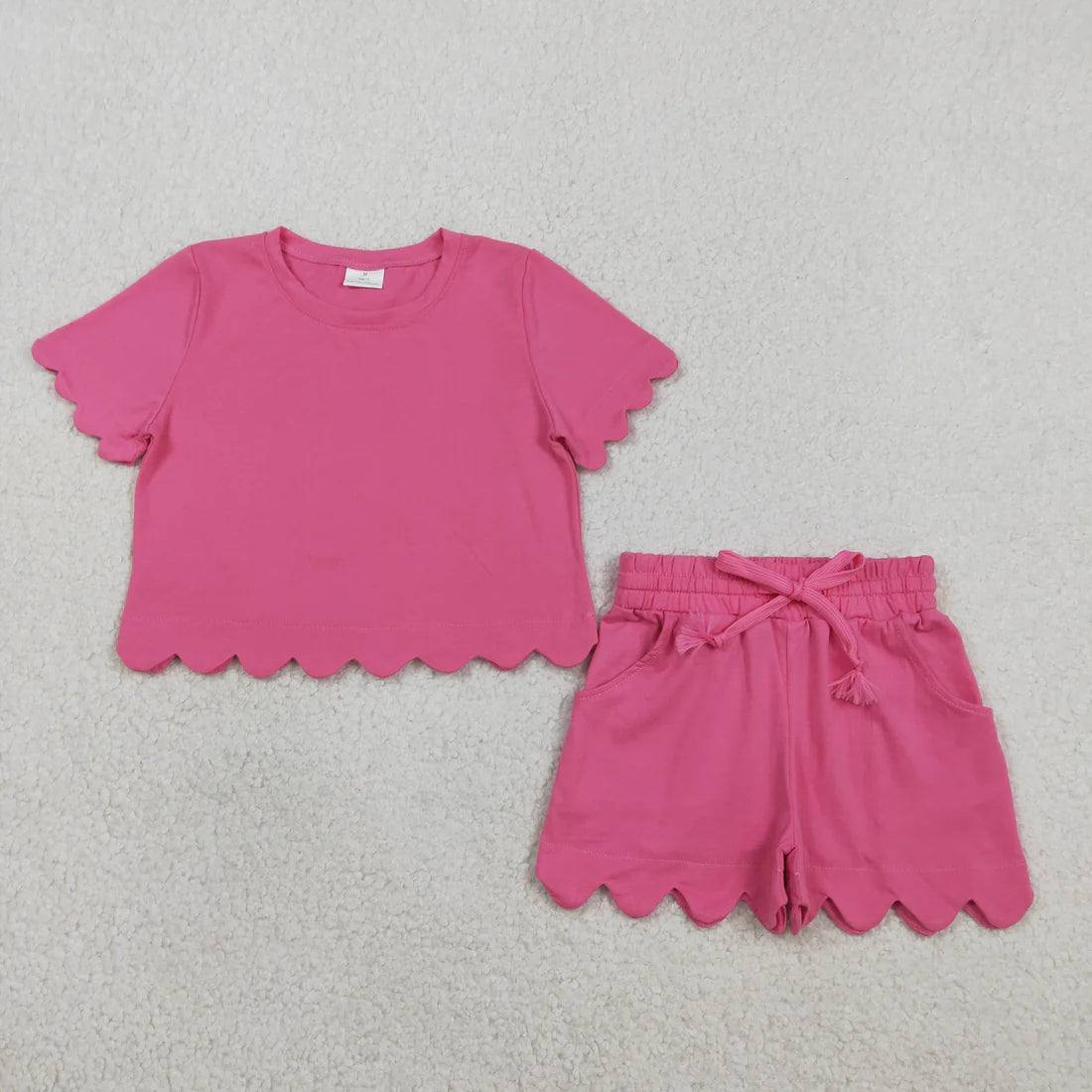 Sibling Baby Girls Adult Women Short Sleeves Pink Cotton Shirts Shorts Scallop Sets Summer Clothes RTS