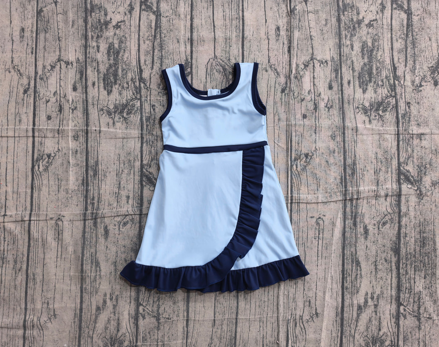 ( No moq ) Preorder Baby Girls Kids Sleeveless Shorts Knee Length Scallop Blue Dress Yoga Active Clothes