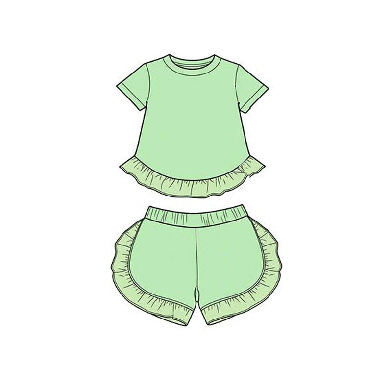 ( Moq 5 ) Preorder Baby Girl Kids Short Sleeves Green Ruffle Tops Shorts Cotton Set Summer Clothes