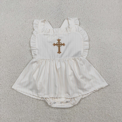 Sibling Baby Girls Infant Straps Embroidery Cross Easter Bubble Romper Dress RTS