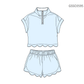 ( Moq 5 ) Preorder Baby Girls Kids Short Sleeves Zipper Shirt Scallop Shorts Set Blue Clothes