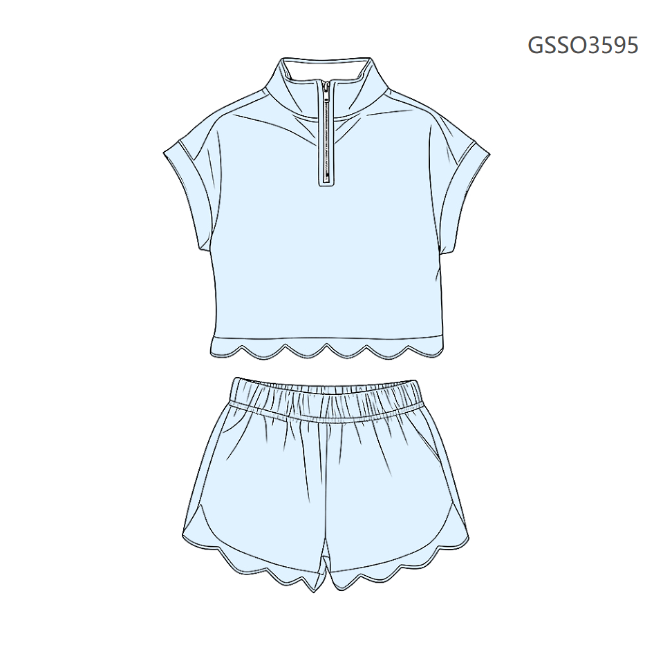 ( Moq 5 ) Preorder Baby Girls Kids Short Sleeves Zipper Shirt Scallop Shorts Set Blue Clothes
