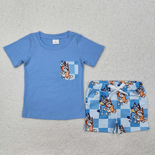 RTS Baby Boy Blue Short Sleeves Pocket Shirt Dogs Shorts Clothes Set