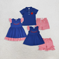 Baby Boy Girl Short Sleeves Embroidery Apple Back to School Sibling Blue Dress Set RTS