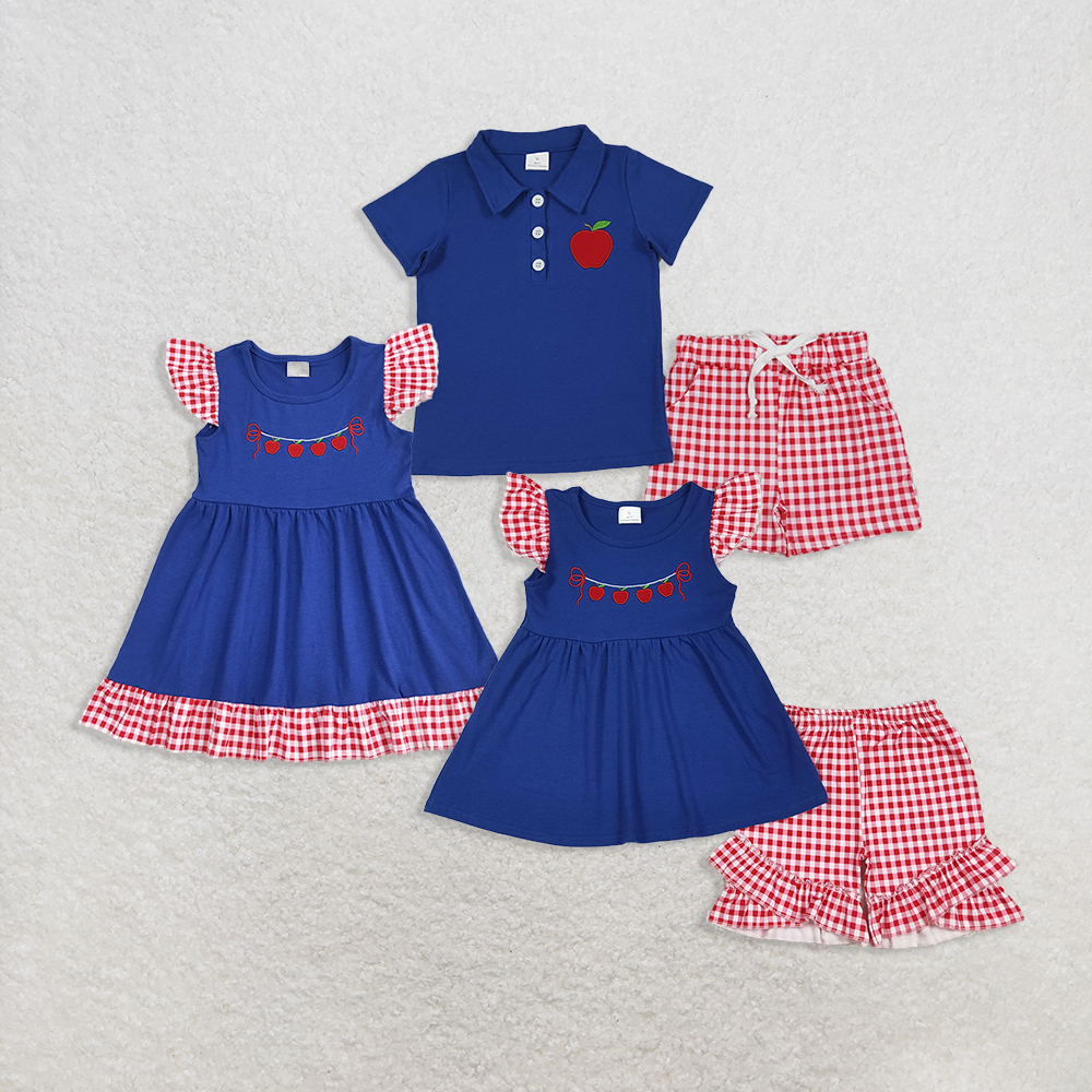 Baby Boy Girl Short Sleeves Embroidery Apple Back to School Sibling Blue Dress Set RTS