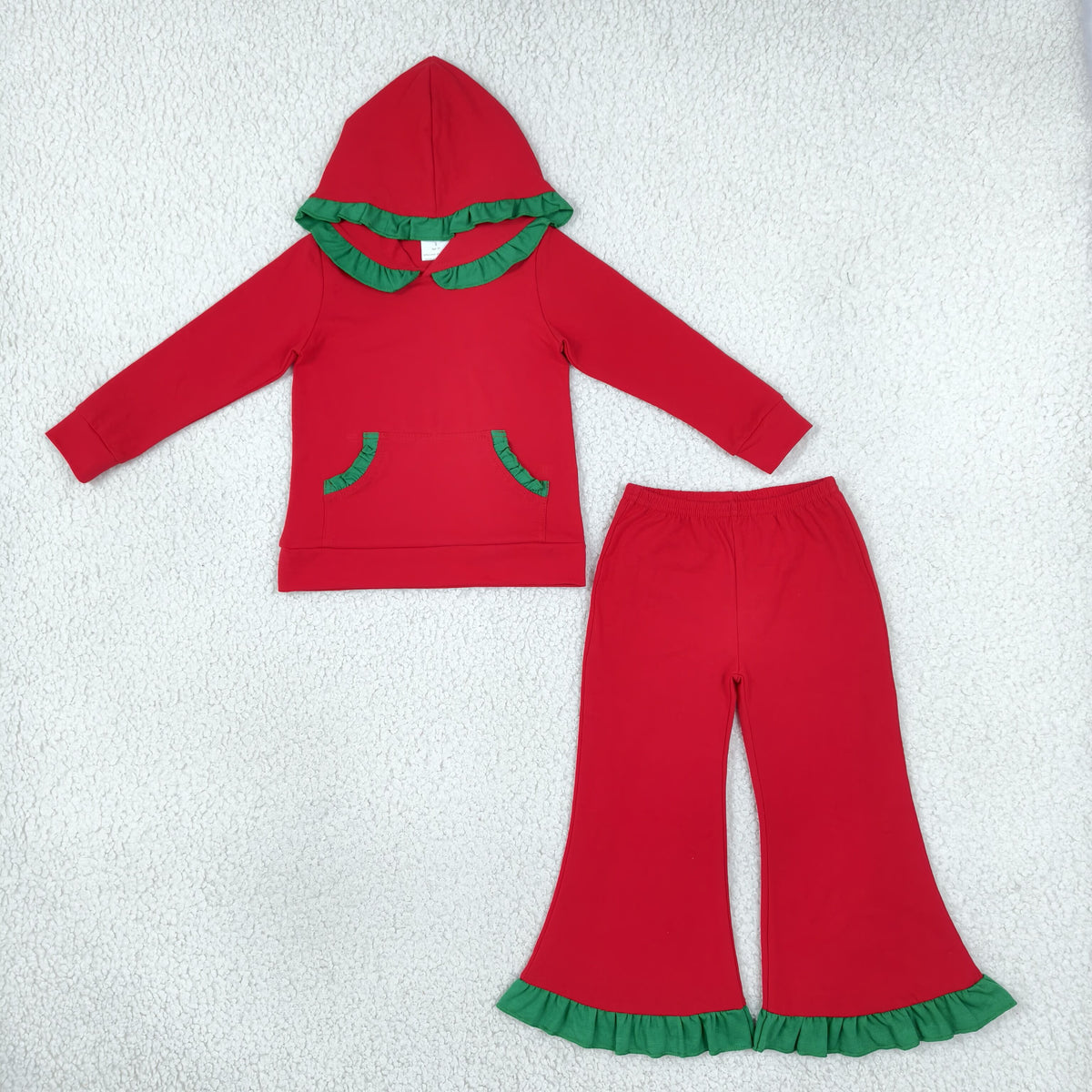 Baby Girls Kids Green Ruffle Hoodie Pocket Pullover Cotton Pants Red Set Christmas Clothes