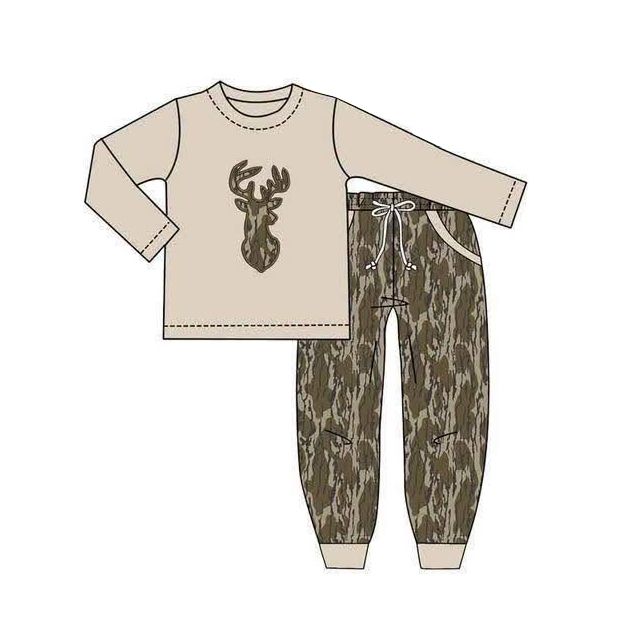 ( Moq 5 ) Preorder Baby Boys Kids Long Sleeves deer Shirt Pockets Camo Pants Set Clothes
