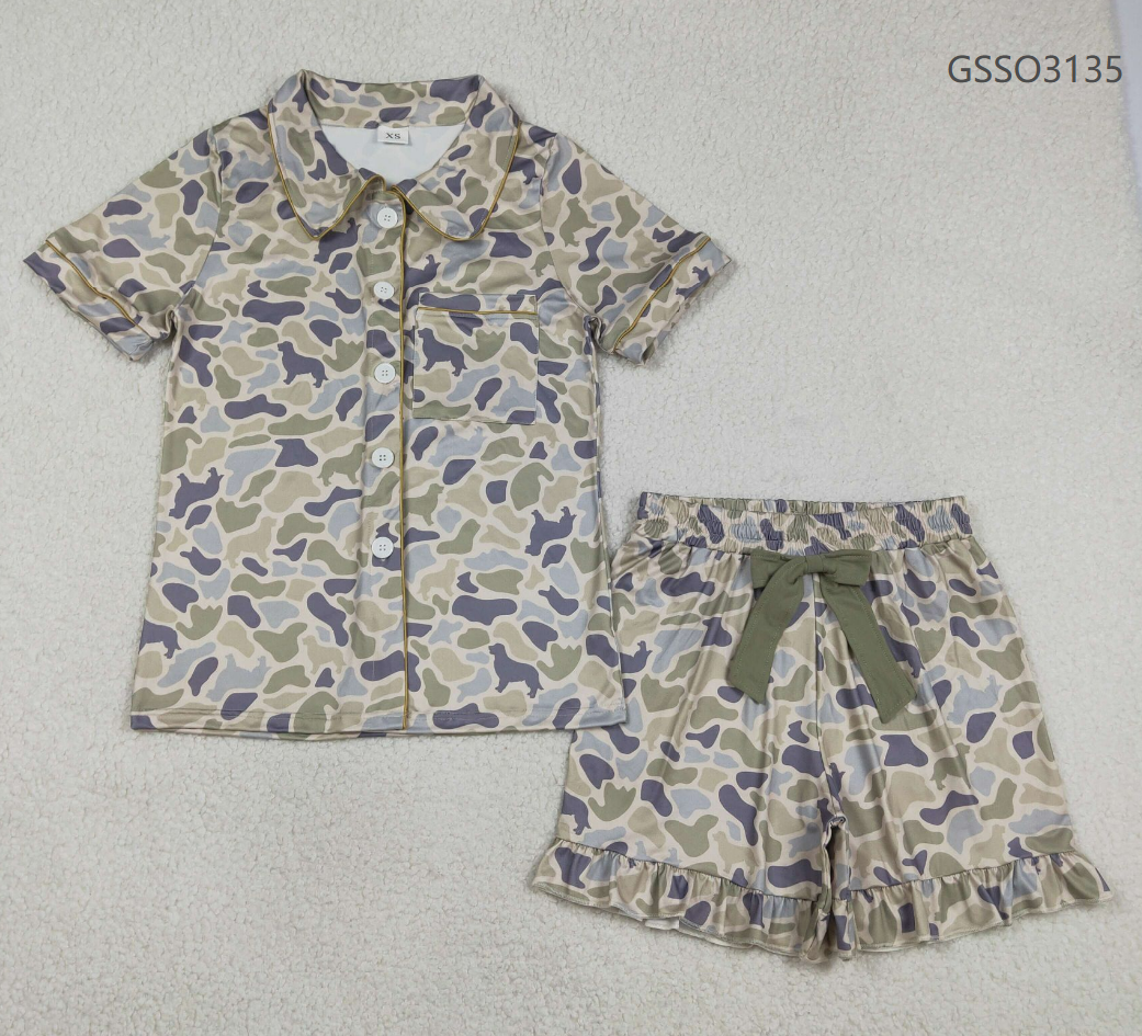 Adult Women Short Sleeves Dogs Camo Buttons Shirt Bows Shorts Pajamas Clothes Set RTS