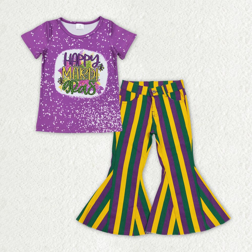 Baby Girl Short Sleeves Mardi Gras Purple Shirt Stripes Denim Jeans Pants Clothes Set