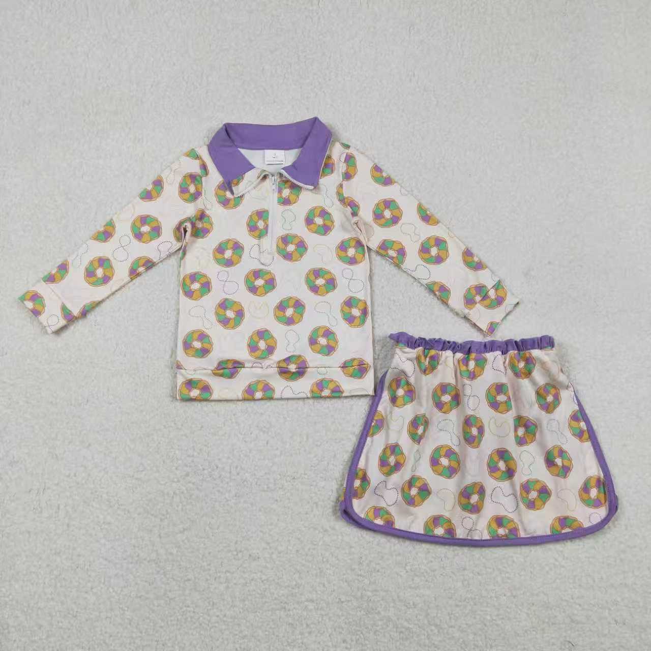 Sibling Baby Girls Kids Bows Donuts Masks Zipper Tops Shorts Skirt Skort Mardi Gras Set RTS