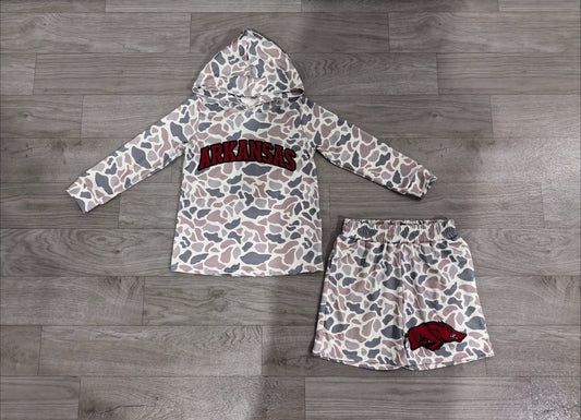 ( No moq ) Preorder Baby Boy Kids Long Sleeves Grey Camo Hoodie Shirt Pig Shorts Team Set