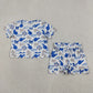 Baby Girls Kids Short Sleeves Blue Bows Cheer Shirt Scallop Shorts Team Set RTS