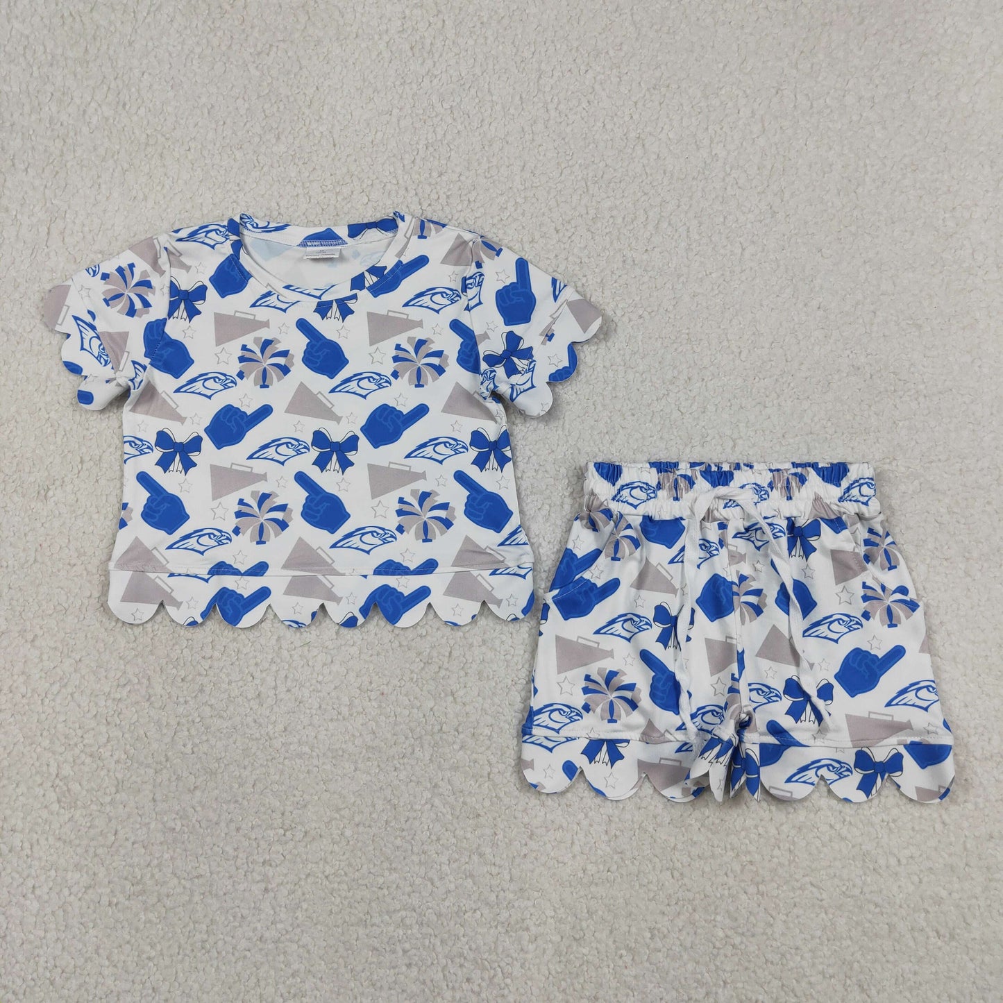 Baby Girls Kids Short Sleeves Blue Bows Cheer Shirt Scallop Shorts Team Set RTS