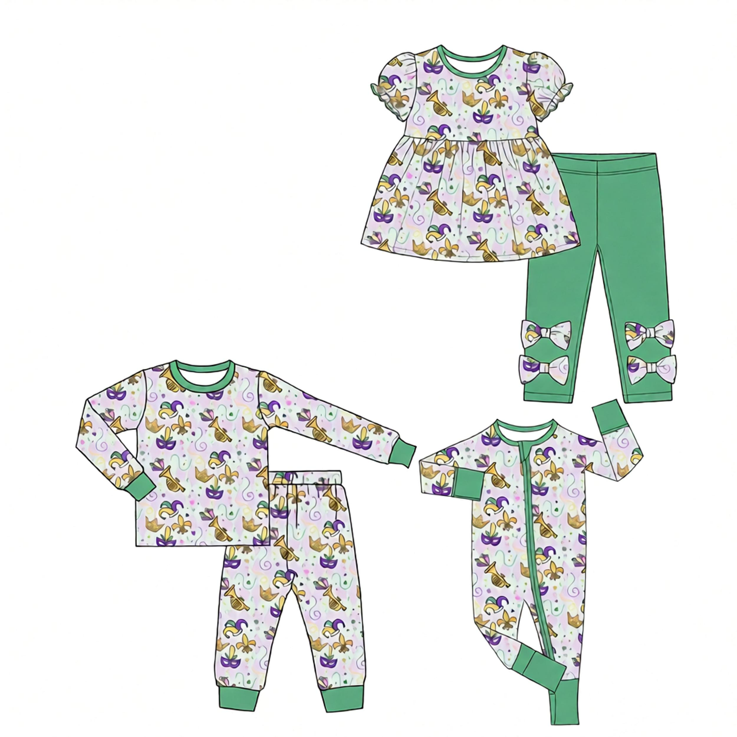 ( Moq 5 Each Style ) Baby Girls Kids Anchors Masks  Mardi Gras Sibling Camo Romper Sets