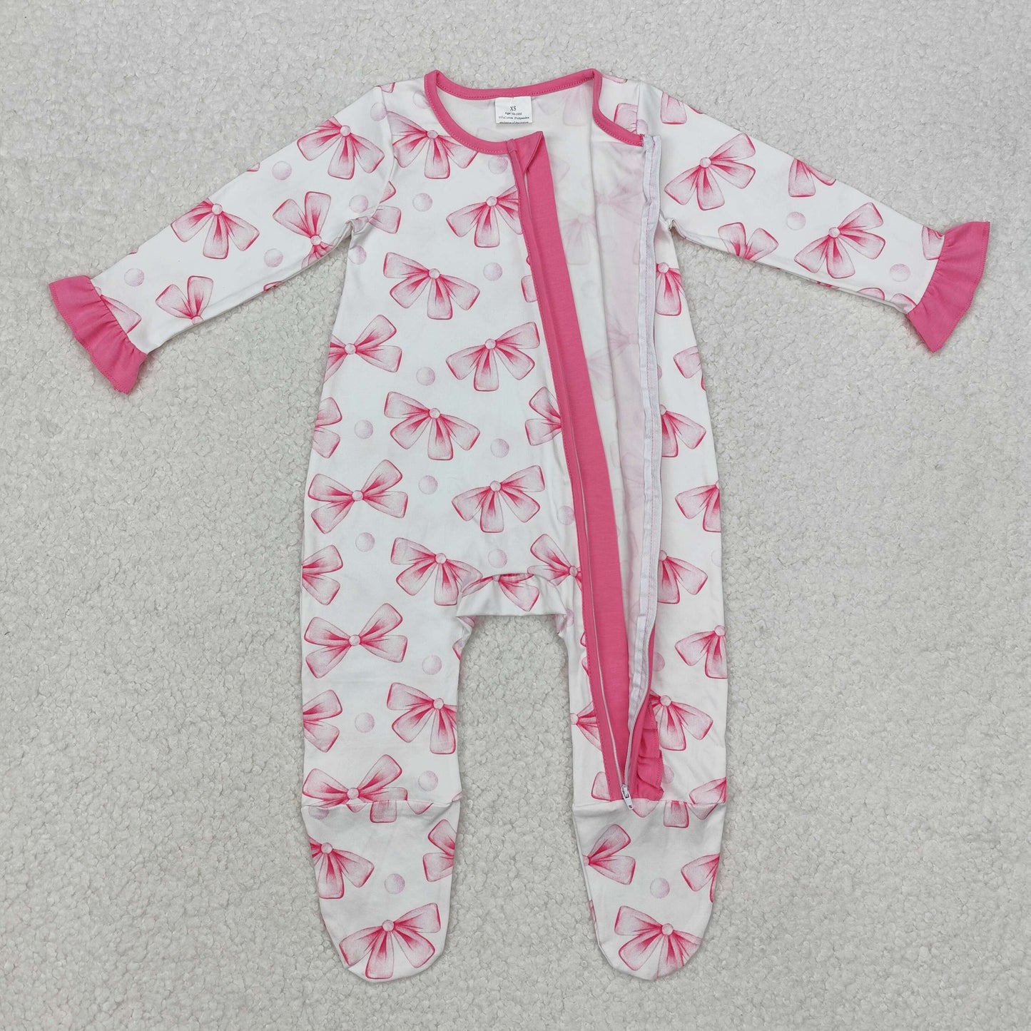 Baby Girl Long Sleeves Pink Bows Ruffle Zipper Footie Romper