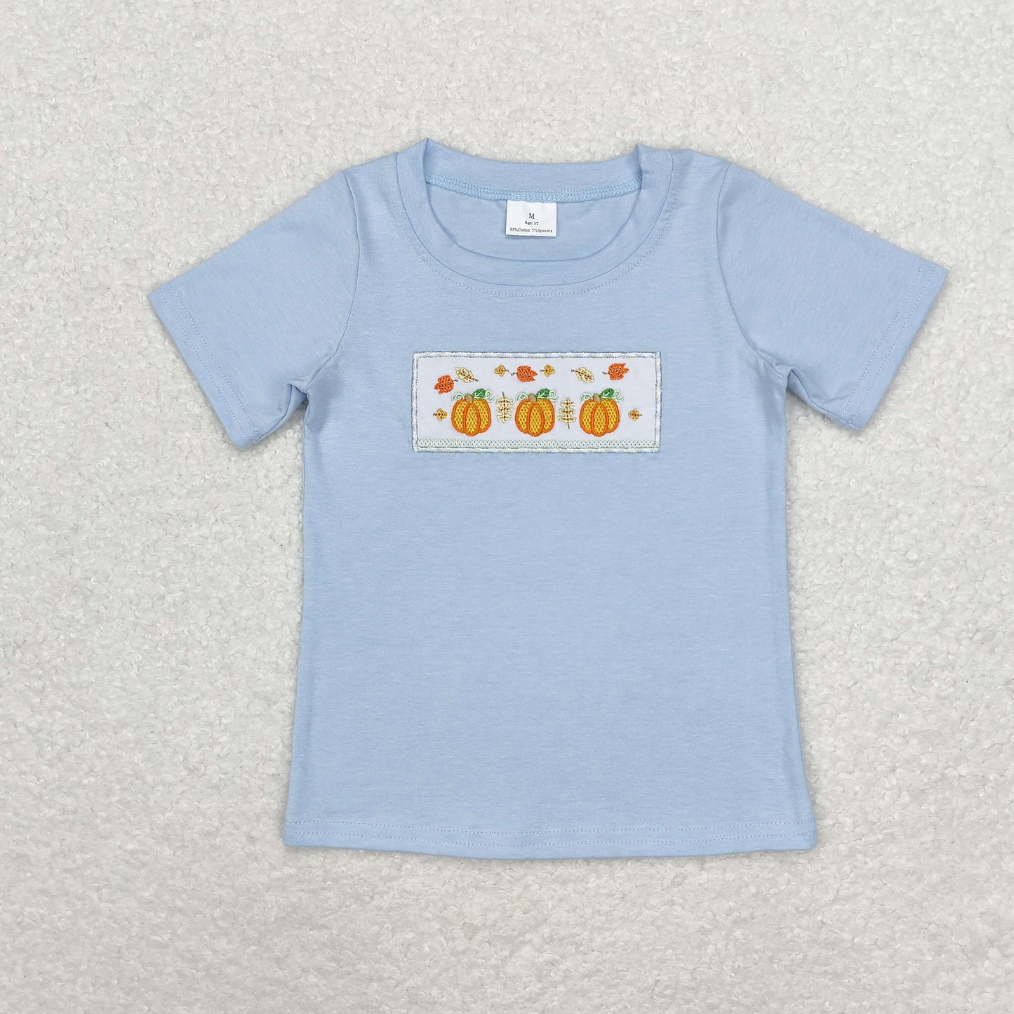 Baby Boy Short Sleeves Embroidery Pumpkin Leaves Blue Cotton Shirt