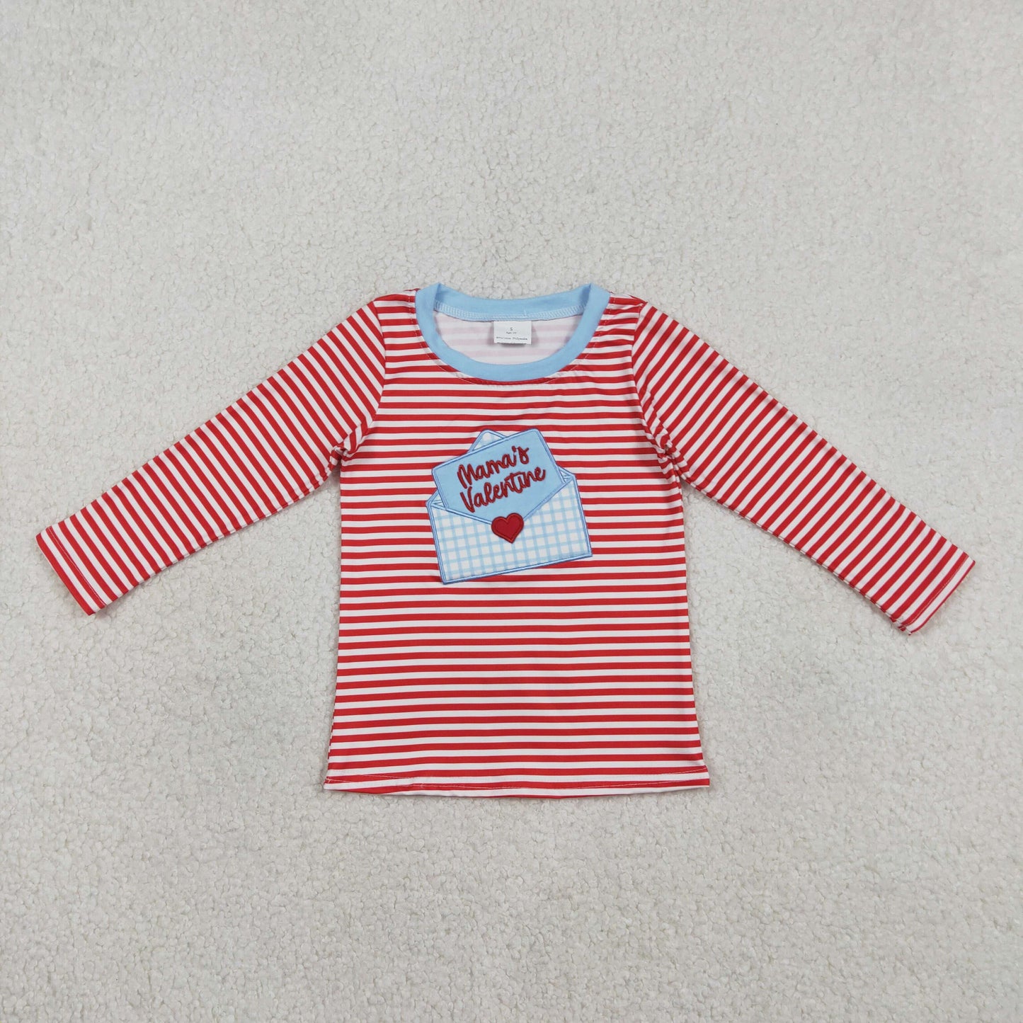 Baby Kids Long Sleeves Embroidery Mama's Valentine Red Stripes Shirt Tops RTS