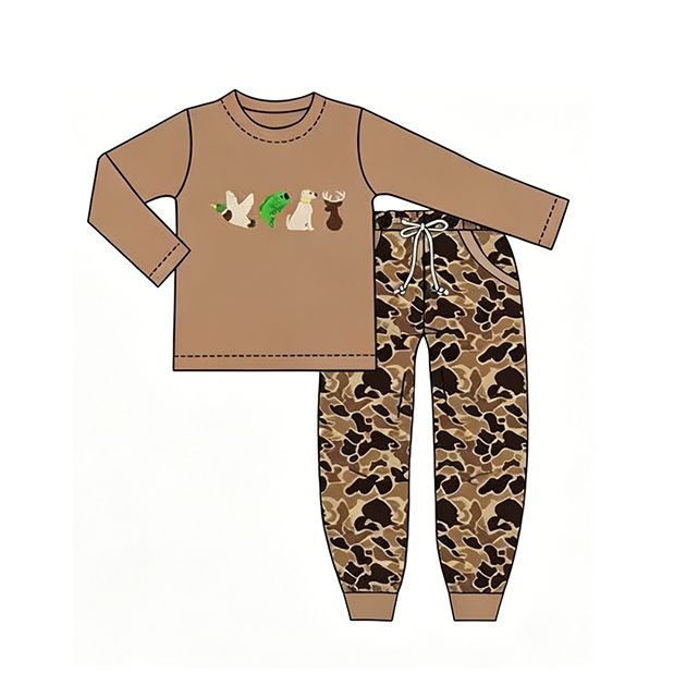( Moq 5 ) Preorder Baby Boys Kids Long Sleeves Dogs Ducks Deer Shirt Pockets Camo Pants Set Clothes