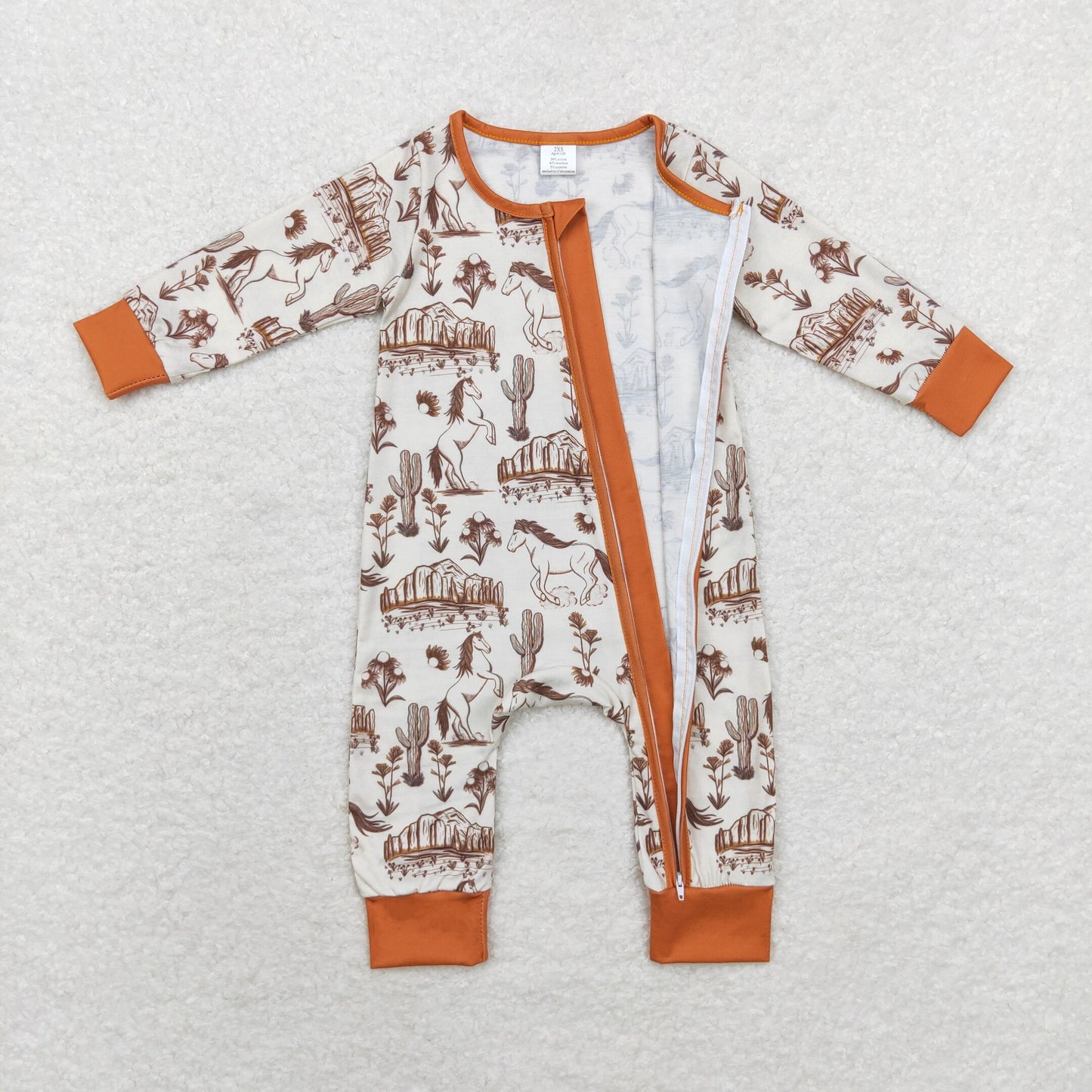 Baby Boy Long Sleeves Western Horse Cactus Zipper Romper