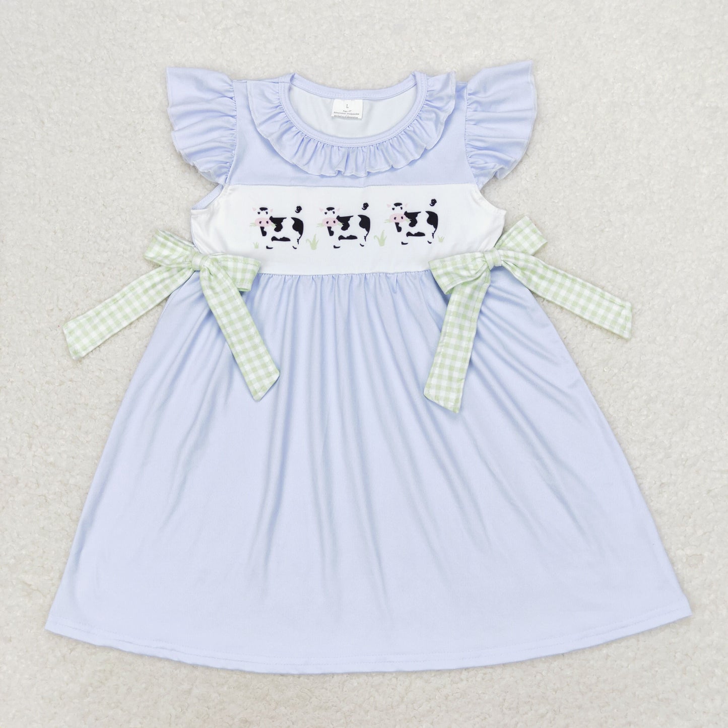 Baby Girl Short Sleeves Cows Western Bows Blue Dress