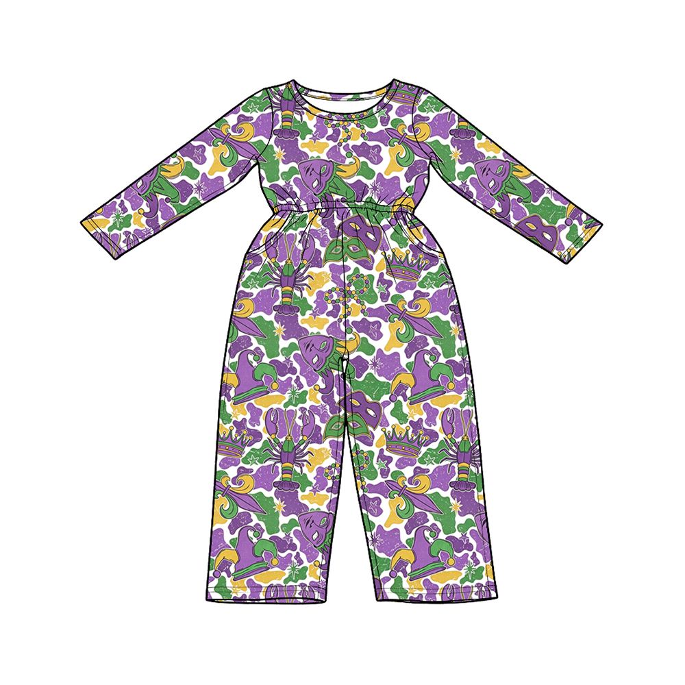 ( Moq 5 ) Preorder Baby Girls Kids Long Sleeves Masks Crawfish Camo Print Pants Mardi Gras Jumpsuit Clothes