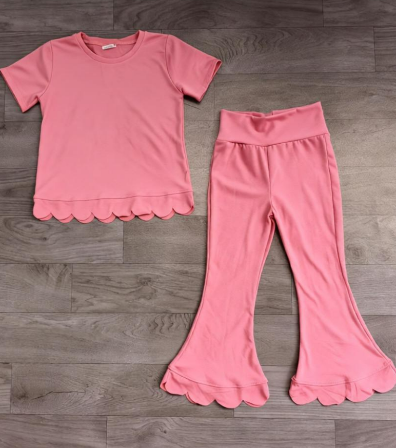 ( No moq ) Preorder Baby Girls Kids Short Sleeves Pink Shirt Pants Scallop Set Clothes