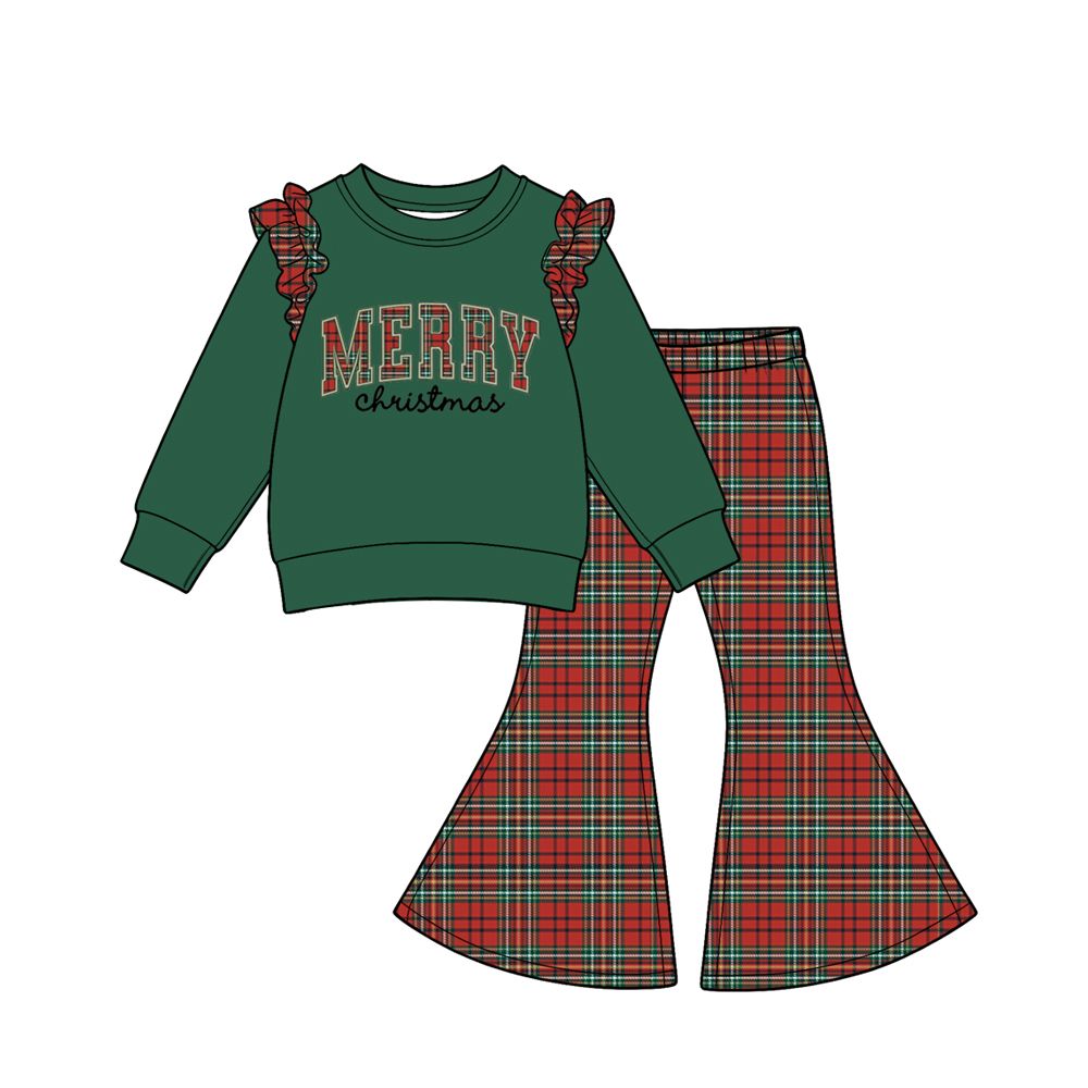 ( Moq 5 ) Preorder Baby Girls Kids Merry Christmas Green Tops Plaid Bell Pants Set Clothes