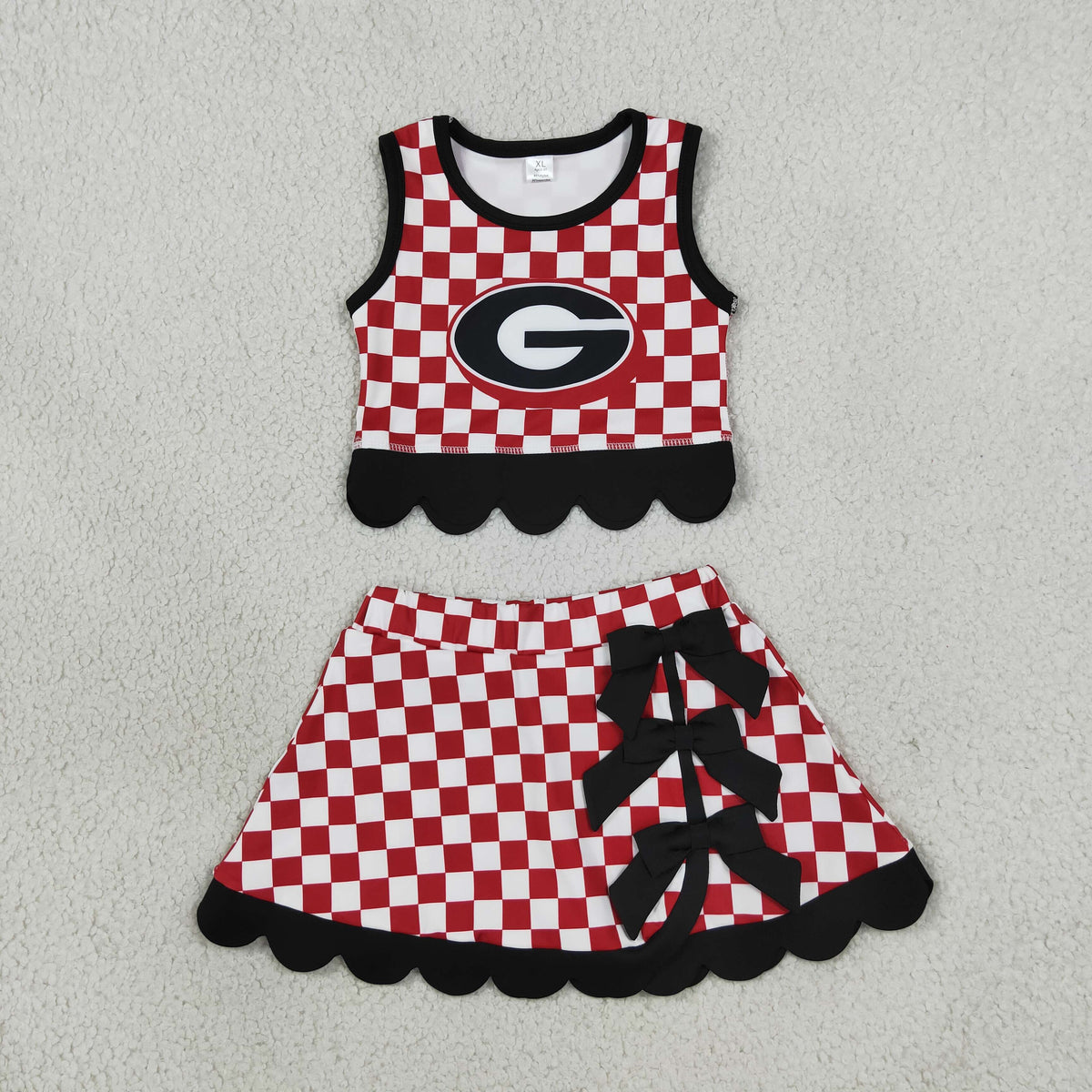 Baby Girls Kids Red Checked Shirt Scallop Bows Skirt Shorts Team Set Yoga Active Clothes RTS