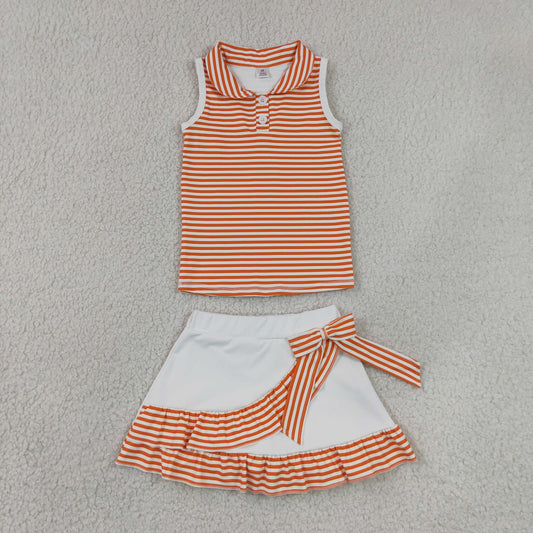 Baby Girls Orange Stripes Buttons Tops Shorts Ruffle Skirts Yoga Clothes Set RTS