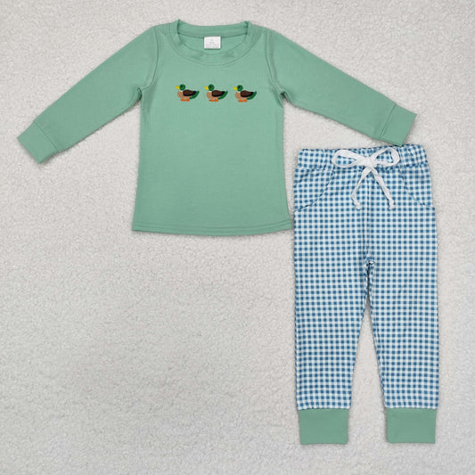 Baby Boy Long Sleeves Embroidery Duck Green Tee Shirt Plaid Pants Clothes Set