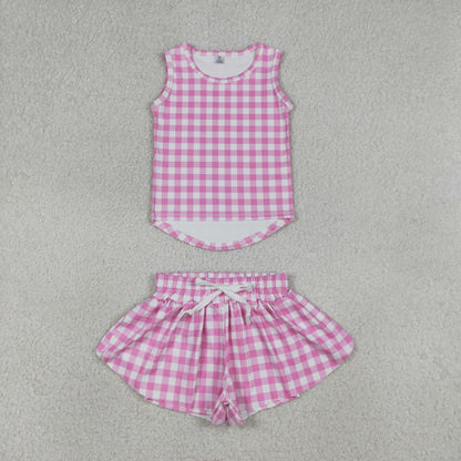 Sibling Baby Girls Kids Sleeveless Plaid Tops Shorts Sets Yoga Active Clothes RTS