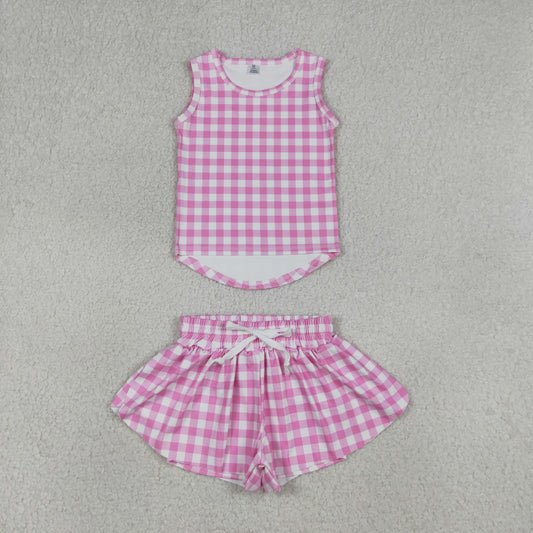 Baby Girls Kids Sleeveless Pink Plaid Tops Shorts Set Yoga Active Clothes RTS