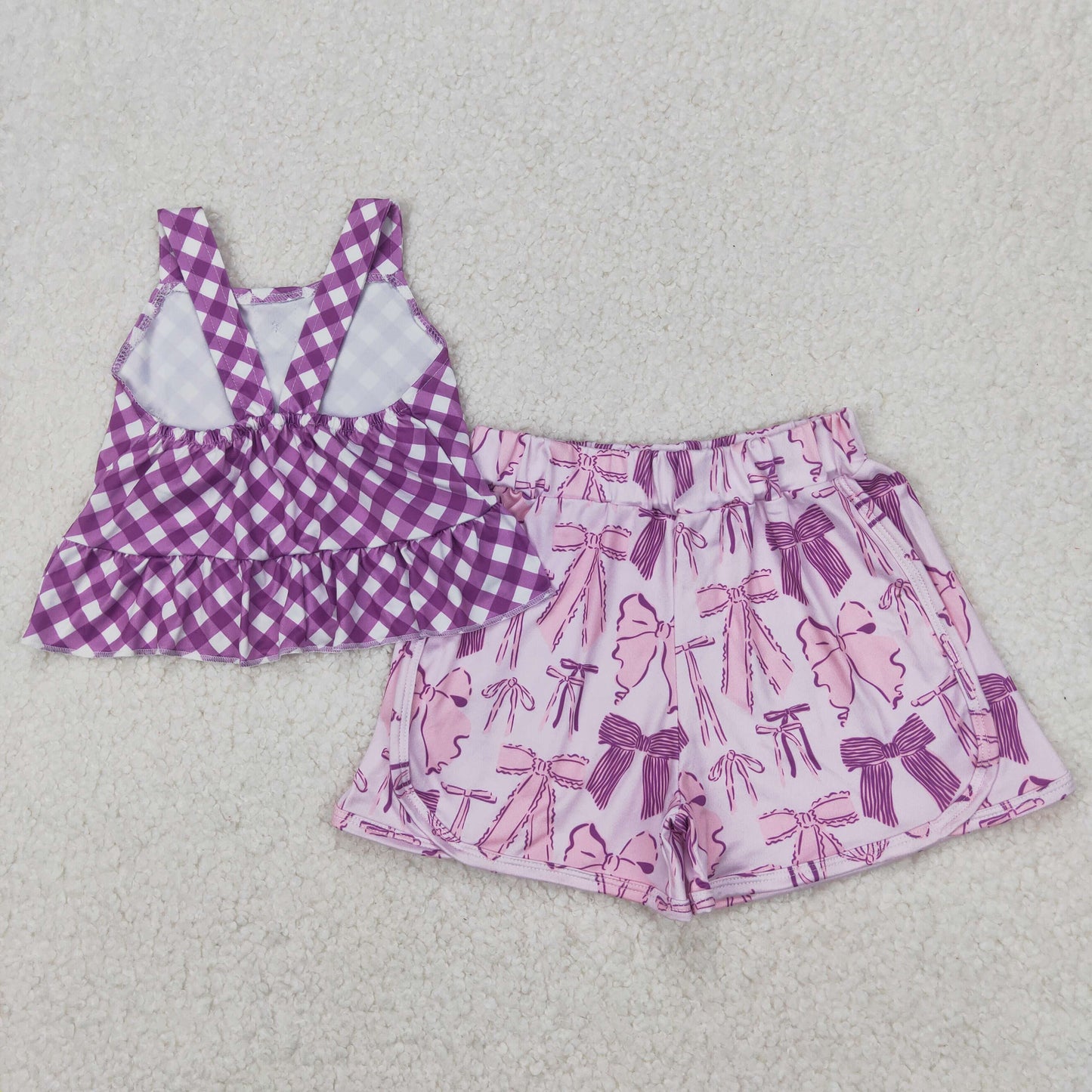 Baby Girl Straps Purple Checkered Tops Bows Shorts Clothes Set RTS