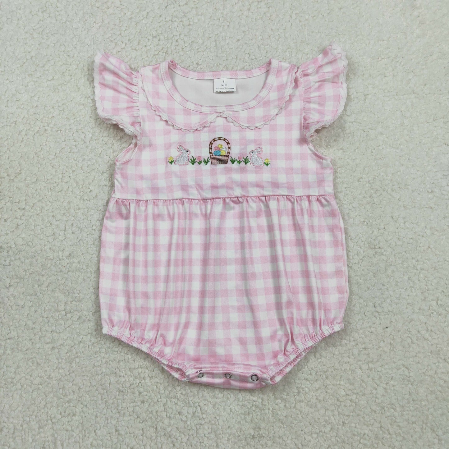 Baby Girls Short Sleeves Embroidery Rabbits Eggs Easter Pink Plaid Bubble Romper RTS