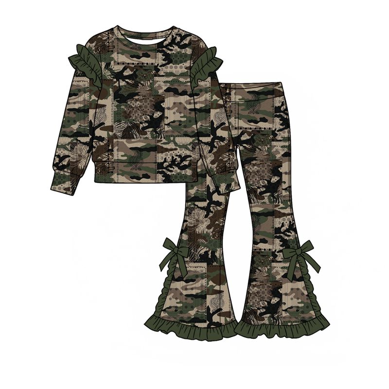 ( Moq 5 ) Preorder Baby Girls Kids Long Sleeves Camo Shirt Bows Pants Set Clothes